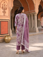 Dark Mauve Floral Printed Ethnic German Rayon Set with dupatta