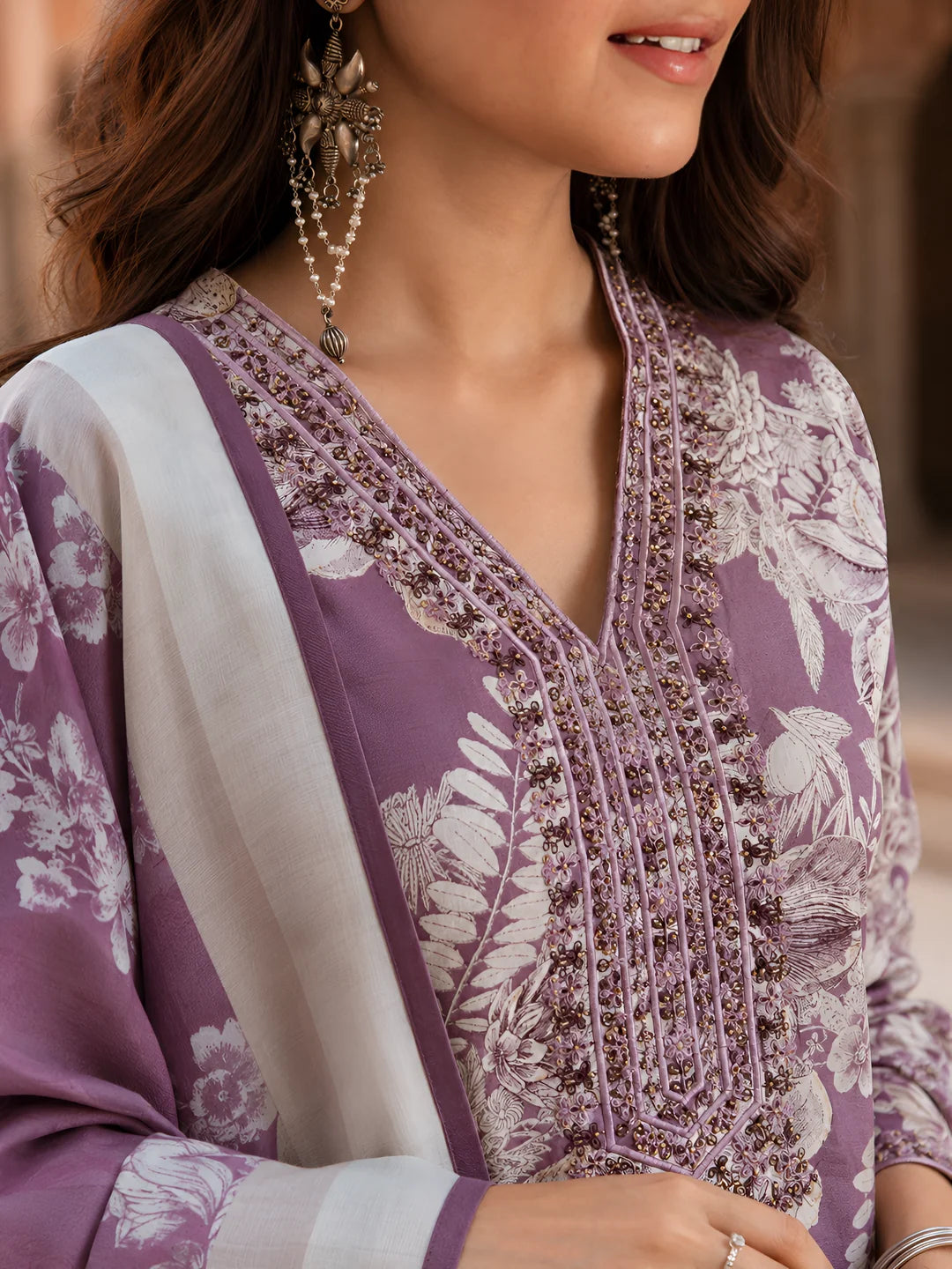 Dark Mauve Floral Printed Ethnic German Rayon Set with dupatta