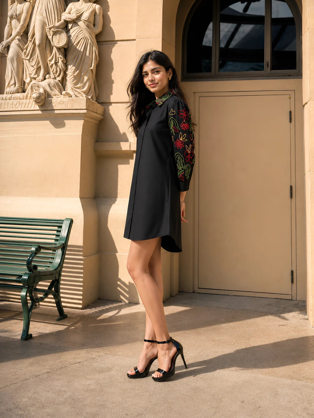 Black Embroidered Cotton Cambric Short Dress
