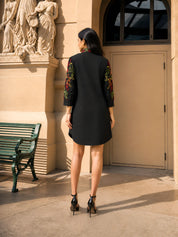 Black Embroidered Cotton Cambric Short Dress