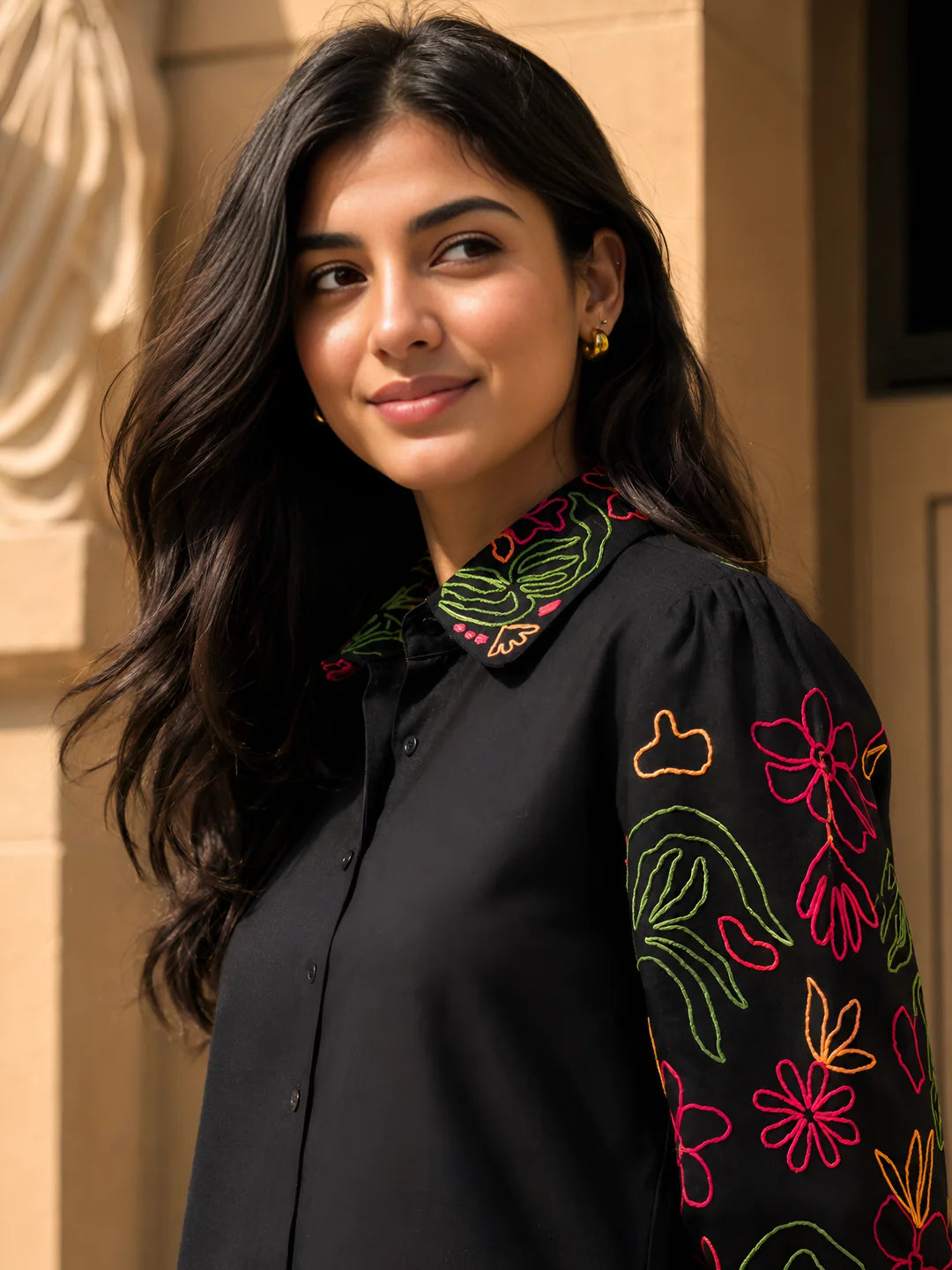 Black Embroidered Cotton Cambric Short Dress