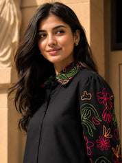 Black Embroidered Cotton Cambric Short Dress