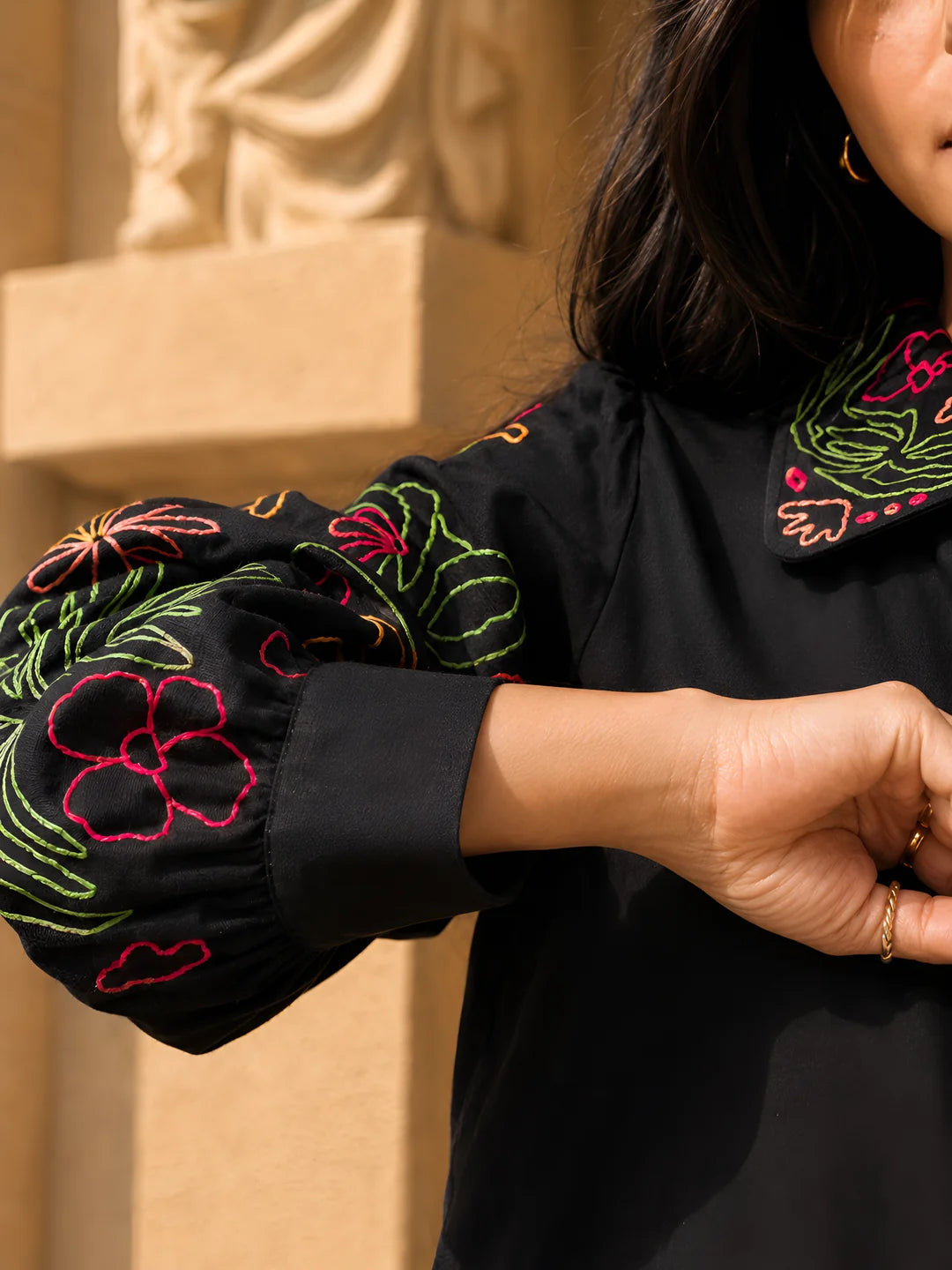 Black Embroidered Cotton Cambric Short Dress