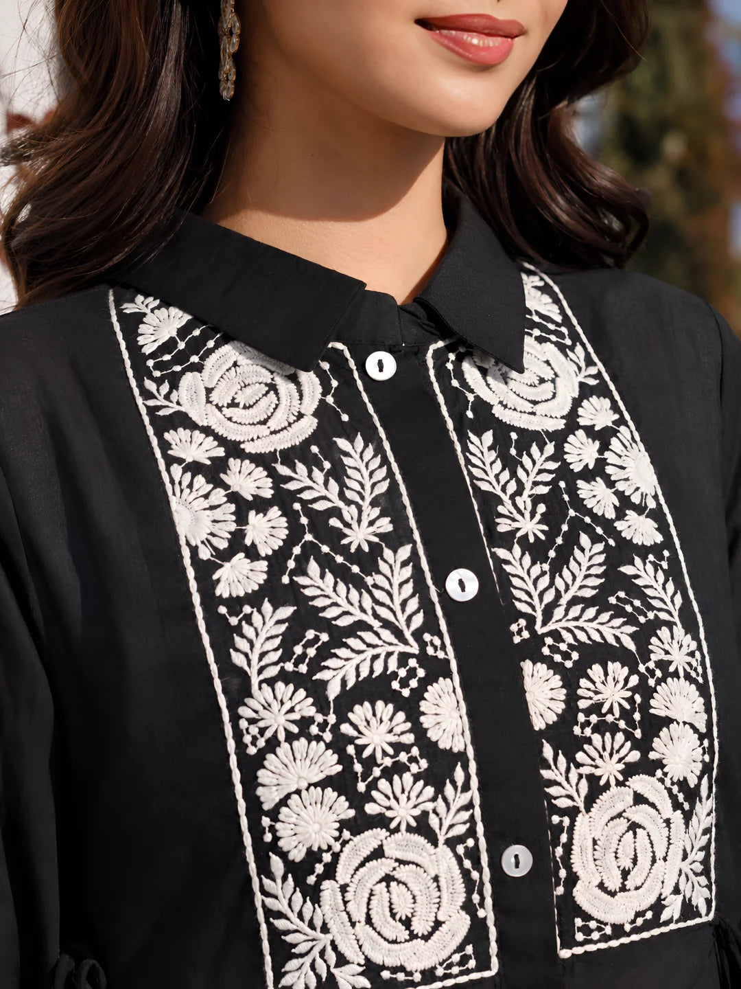 Cream Embroidered Black Cotton Cambric Short Dress