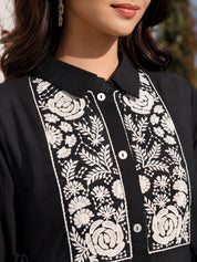 Cream Embroidered Black Cotton Cambric Short Dress