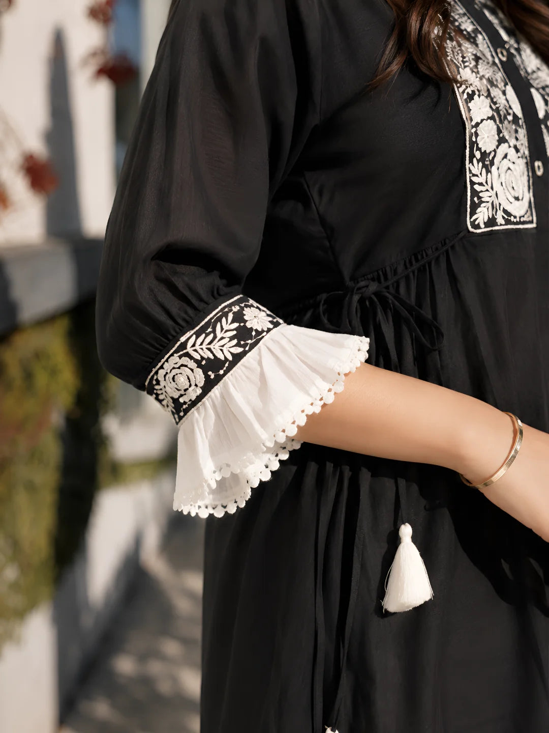 Cream Embroidered Black Cotton Cambric Short Dress