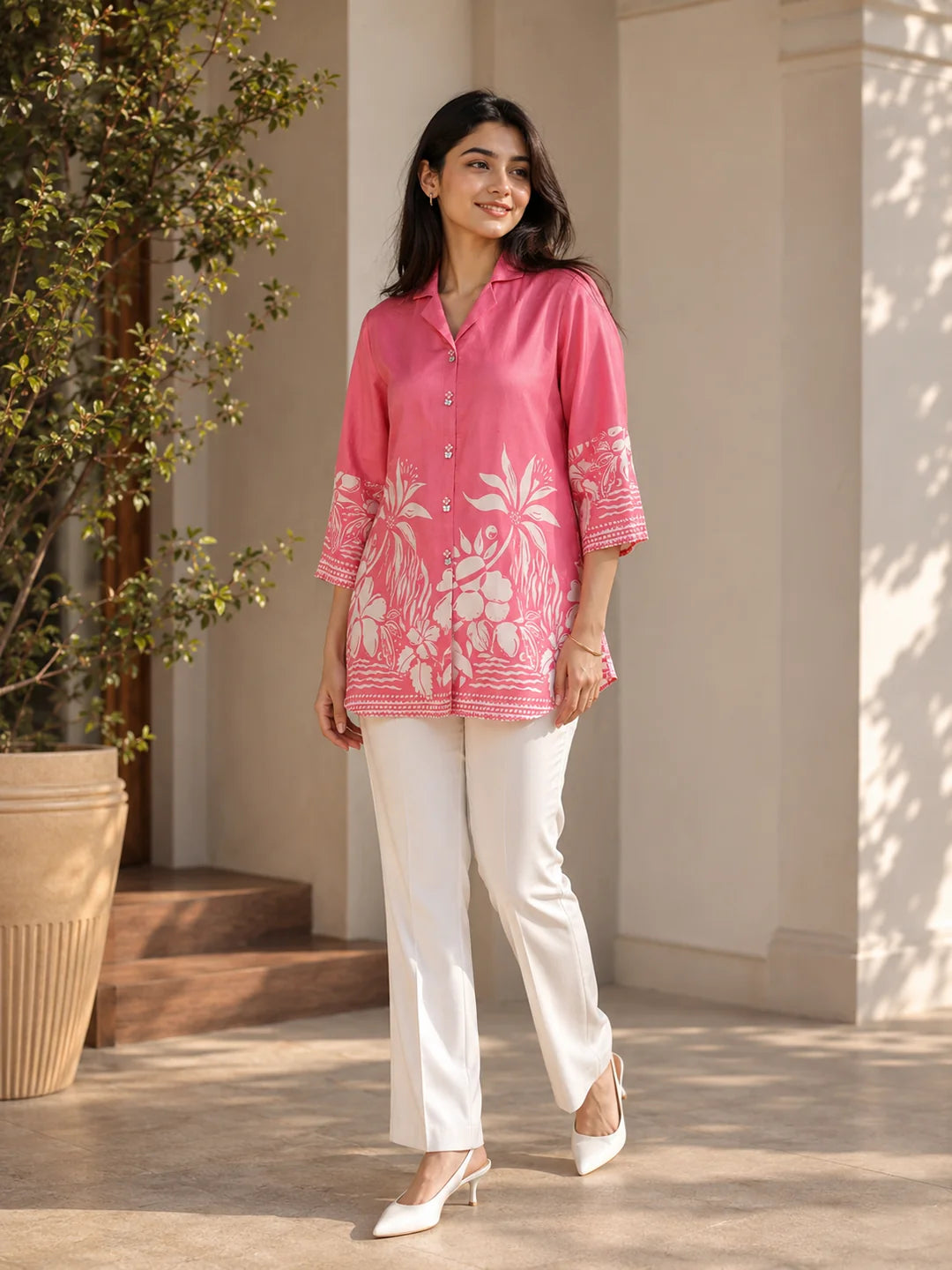 Sugar Plum Pink Floral Printed Russian Silk Top