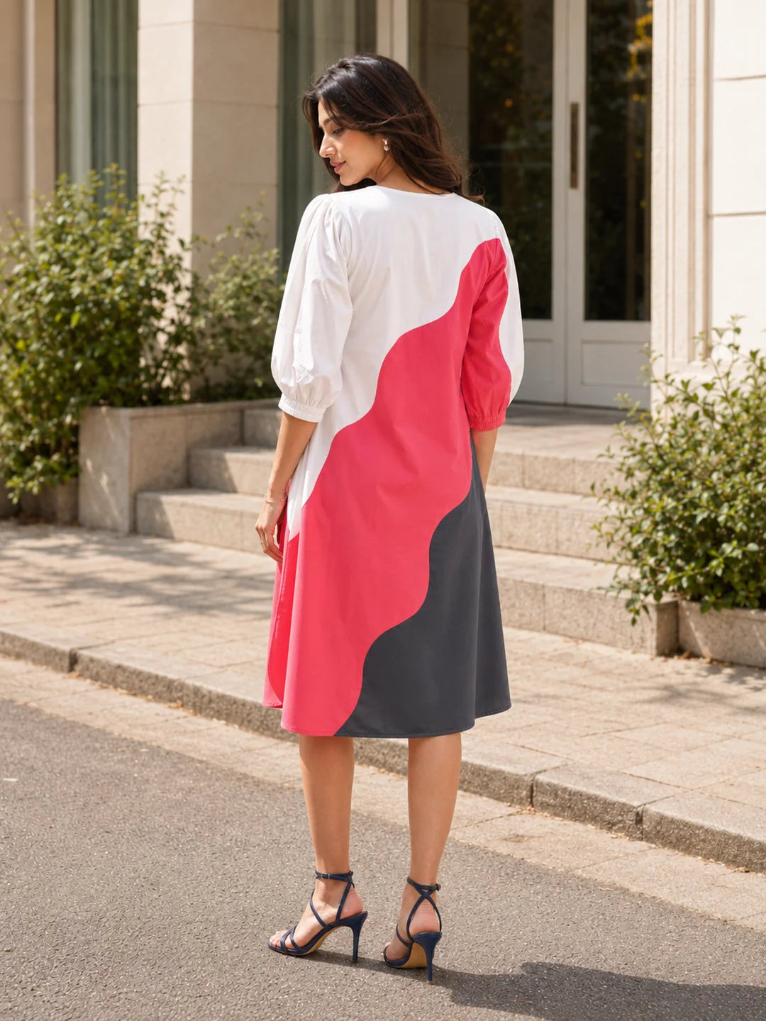 Abstract Color-Blocked  Cotton A-Line Dress