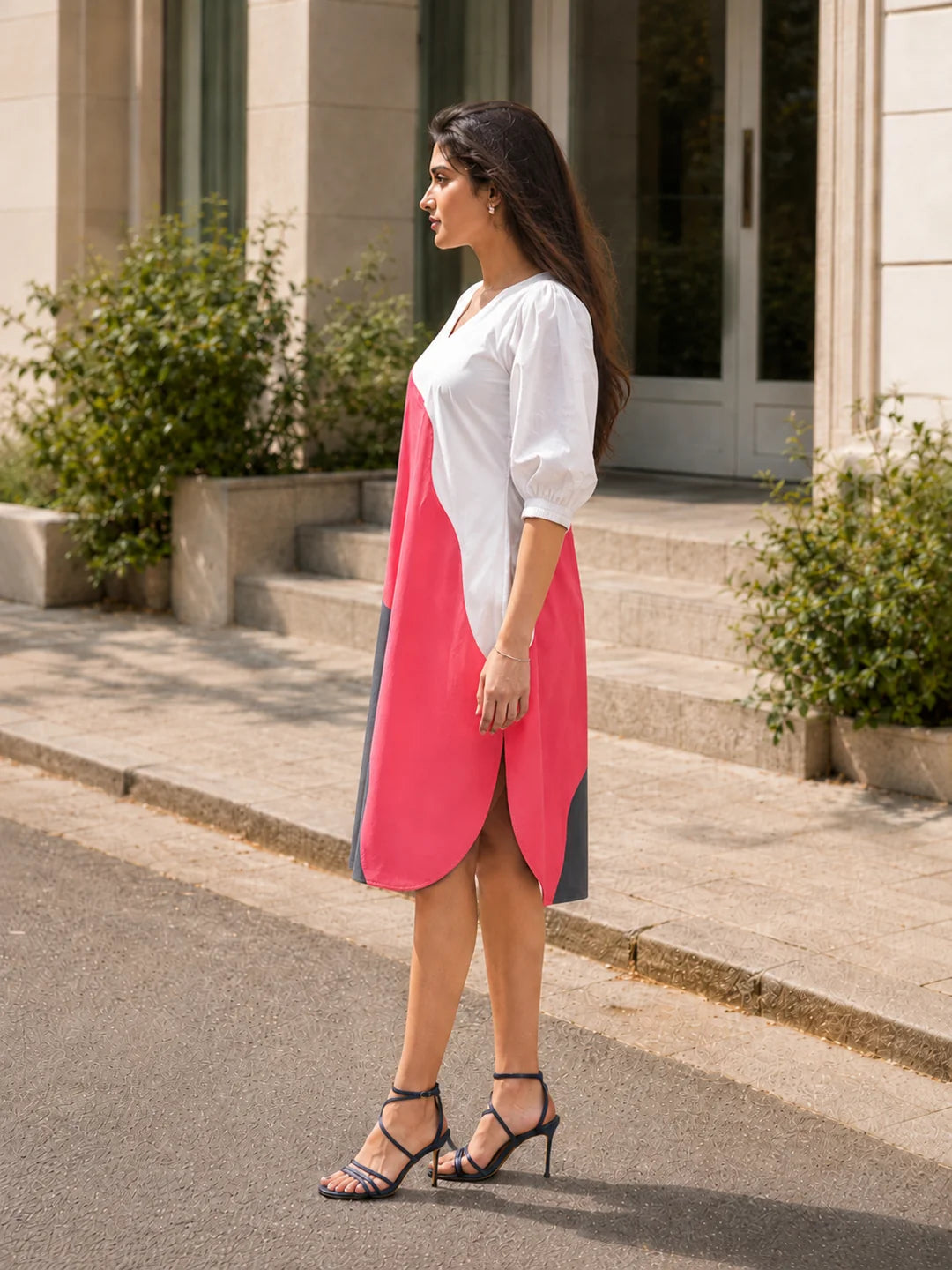Abstract Color-Blocked  Cotton A-Line Dress