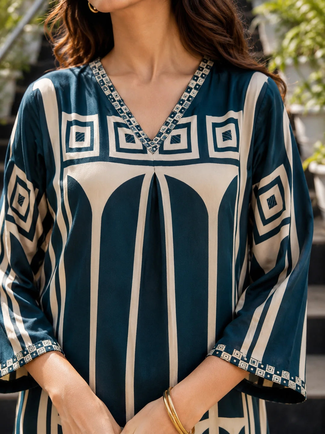 Blue Abstract Geometric Rayon Print Ethnic Set
