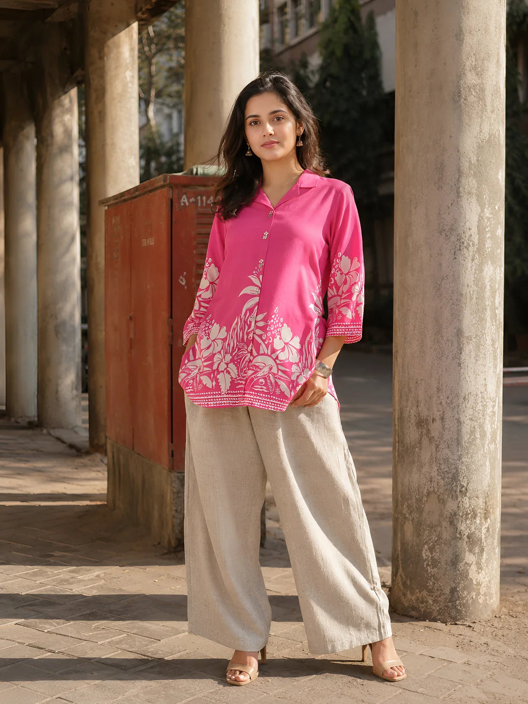 Hot Pink Floral Printed Russian Silk Top