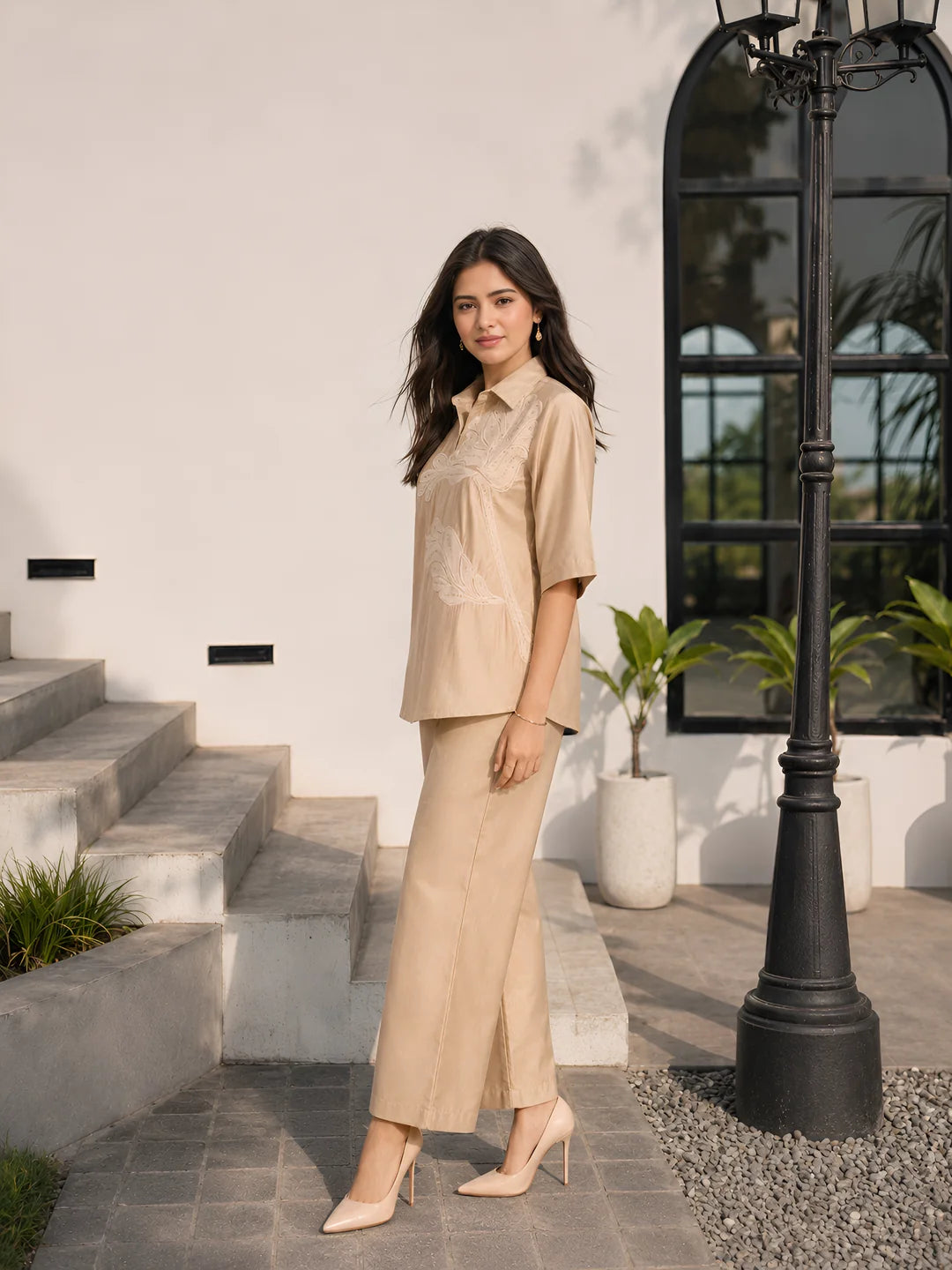 Beige Embroidery With Embellishments Collar Co-ord Set