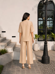 Beige Embroidery With Embellishments Collar Co-ord Set