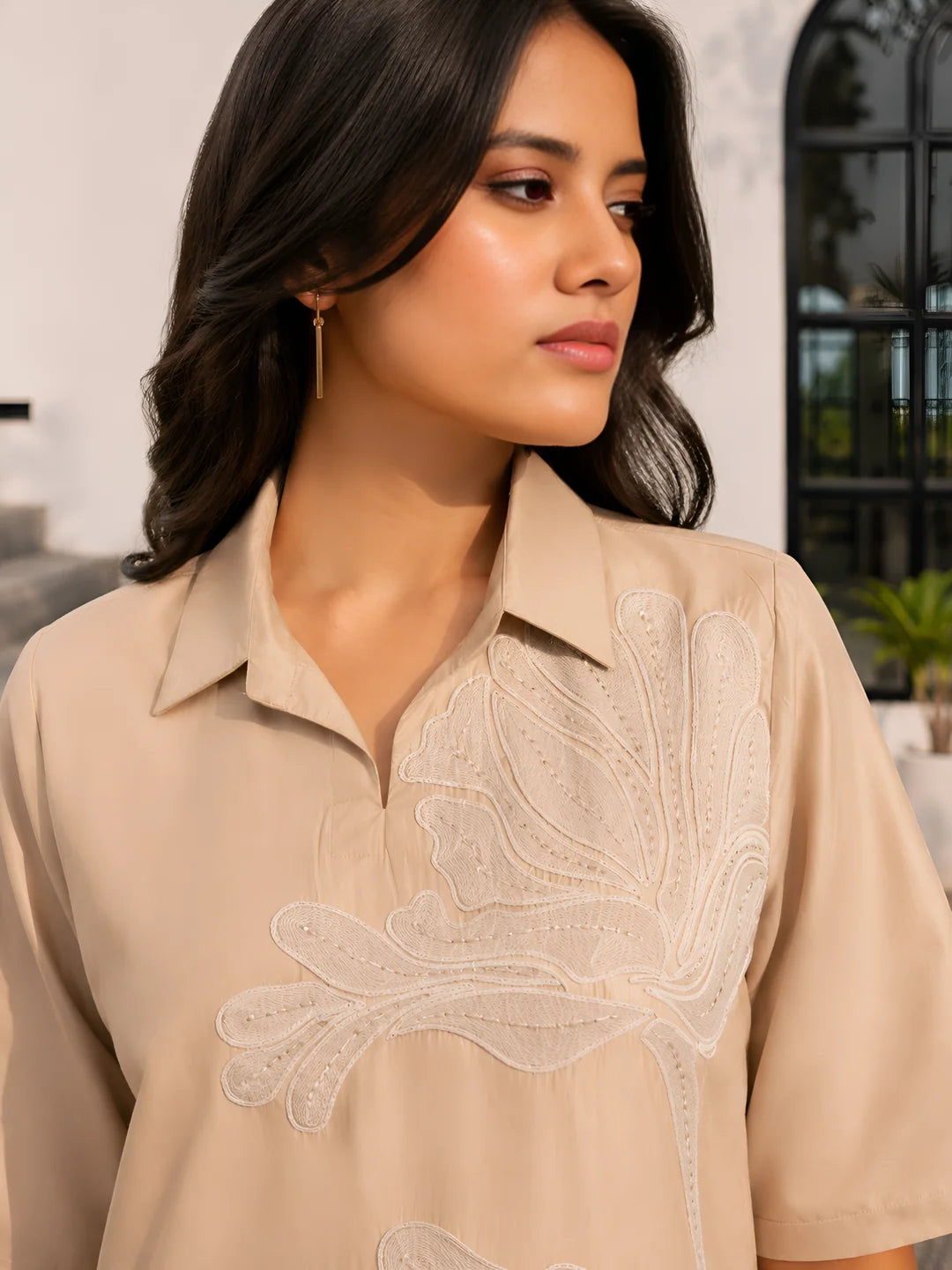 Beige Embroidery With Embellishments Collar Co-ord Set