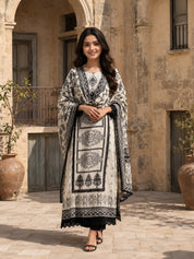 Black and Pastel Printed Rhinestone Work Muslin Pakistani Ethnic Set With Dupatta