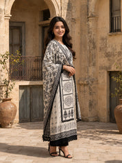 Black and Pastel Printed Rhinestone Work Muslin Pakistani Ethnic Set With Dupatta