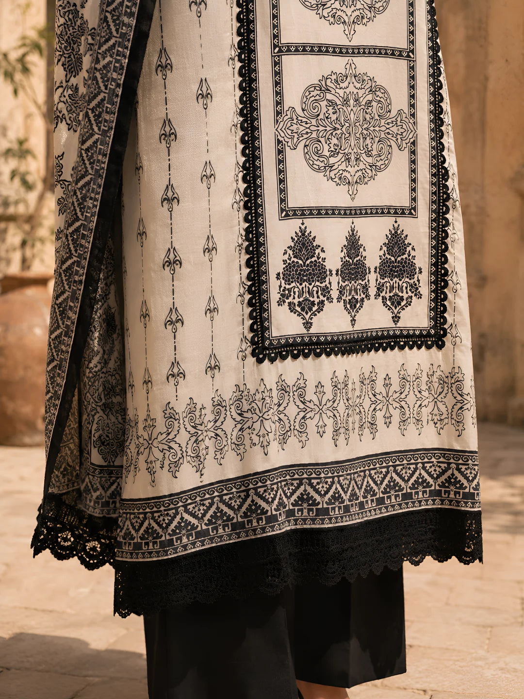 Black and Pastel Printed Rhinestone Work Muslin Pakistani Ethnic Set With Dupatta