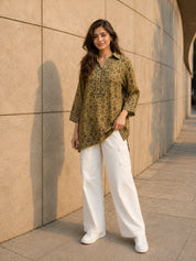Mustard Yellow Geometric Printed Short Kurti with Metal Embellishment in Crepe
