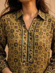 Mustard Yellow Geometric Printed Short Kurti with Metal Embellishment in Crepe