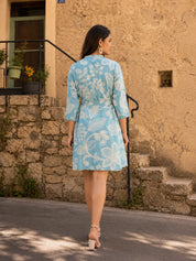 Turquoise Blue Russian Silk Floral Print Mini Dress With Belt