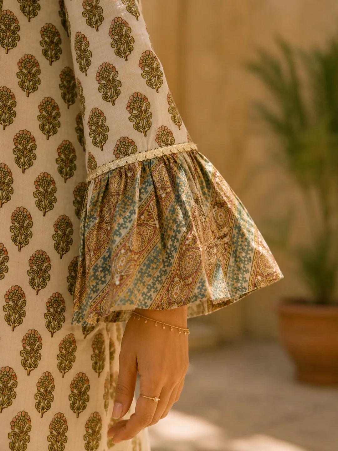 Butter Cream Lurex & Moti Embellished Muslin Co-ord Set with Flared Sleeves