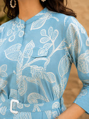 Turquoise Blue Russian Silk Floral Print Mini Dress With Belt