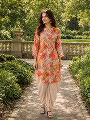Multi-Floral Printed Muslin Shawl Collar Kurta with Tulip Dhoti Pants