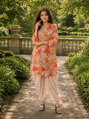 Multi-Floral Printed Muslin Shawl Collar Kurta with Tulip Dhoti Pants