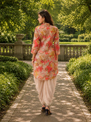 Multi-Floral Printed Muslin Shawl Collar Kurta with Tulip Dhoti Pants