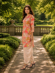 Multi-Floral Printed Muslin Shawl Collar Kurta with Tulip Dhoti Pants