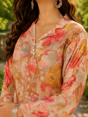 Multi-Floral Printed Muslin Shawl Collar Kurta with Tulip Dhoti Pants
