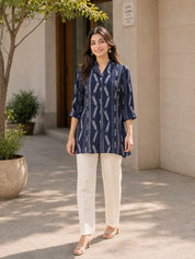 Navy Blue Ikat Printed Natural Crepe Kameez