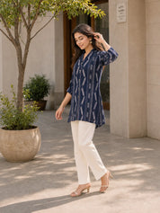 Navy Blue Ikat Printed Natural Crepe Kameez