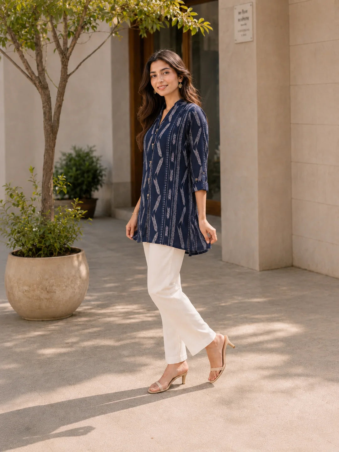 Navy Blue Ikat Printed Natural Crepe Kameez