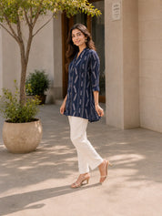 Navy Blue Ikat Printed Natural Crepe Kameez