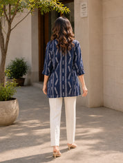 Navy Blue Ikat Printed Natural Crepe Kameez