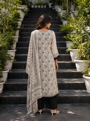 Off-White Intricate Floral Printed Rhinestone Work Muslin Pakistani Ethnic Set with Dupatta
