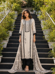Off-White Intricate Floral Printed Rhinestone Work Muslin Pakistani Ethnic Set with Dupatta