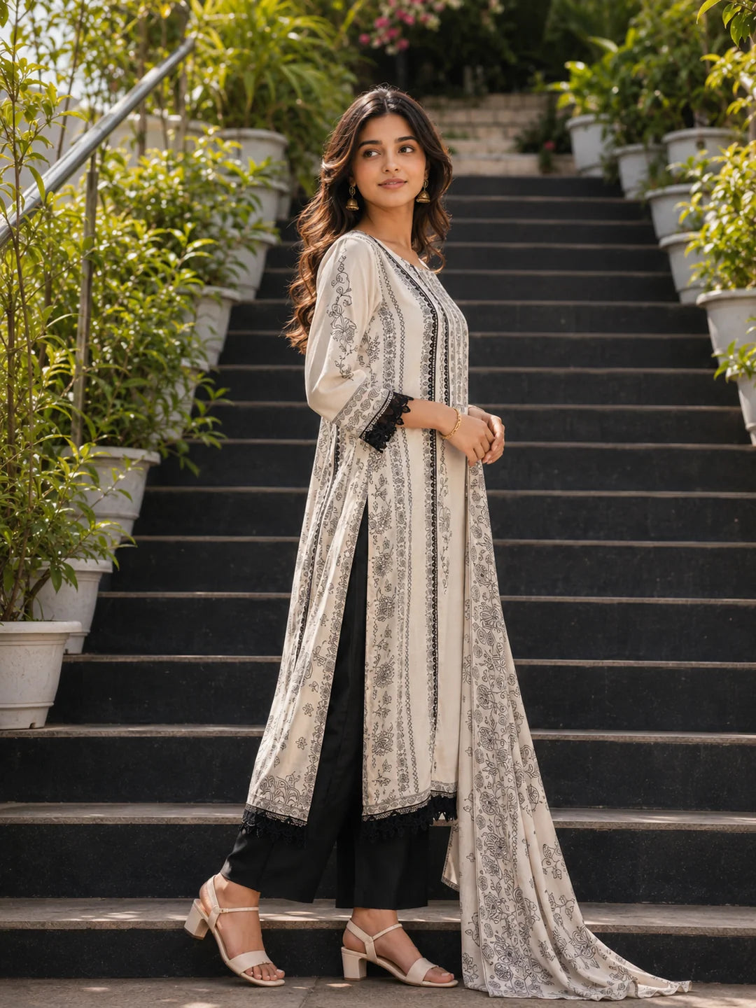 Off-White Intricate Floral Printed Rhinestone Work Muslin Pakistani Ethnic Set with Dupatta