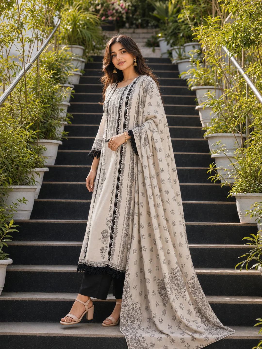 Off-White Intricate Floral Printed Rhinestone Work Muslin Pakistani Ethnic Set with Dupatta