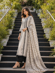 Off-White Intricate Floral Printed Rhinestone Work Muslin Pakistani Ethnic Set with Dupatta
