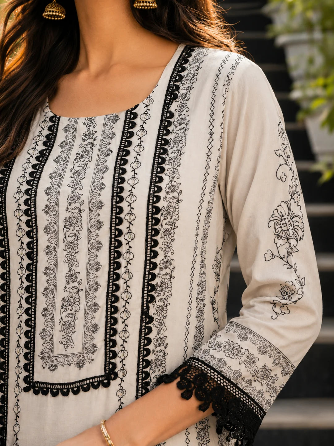 Off-White Intricate Floral Printed Rhinestone Work Muslin Pakistani Ethnic Set with Dupatta