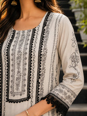 Off-White Intricate Floral Printed Rhinestone Work Muslin Pakistani Ethnic Set with Dupatta
