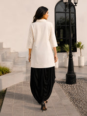 Cream Appliqué Shirt & Black Dhoti Skirt Co-ord Set in Cotton Flex