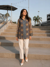 Dusty Olive and Brown Ajrakh Printed Shirt in Crepe
