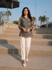 Dusty Olive and Brown Ajrakh Printed Shirt in Crepe