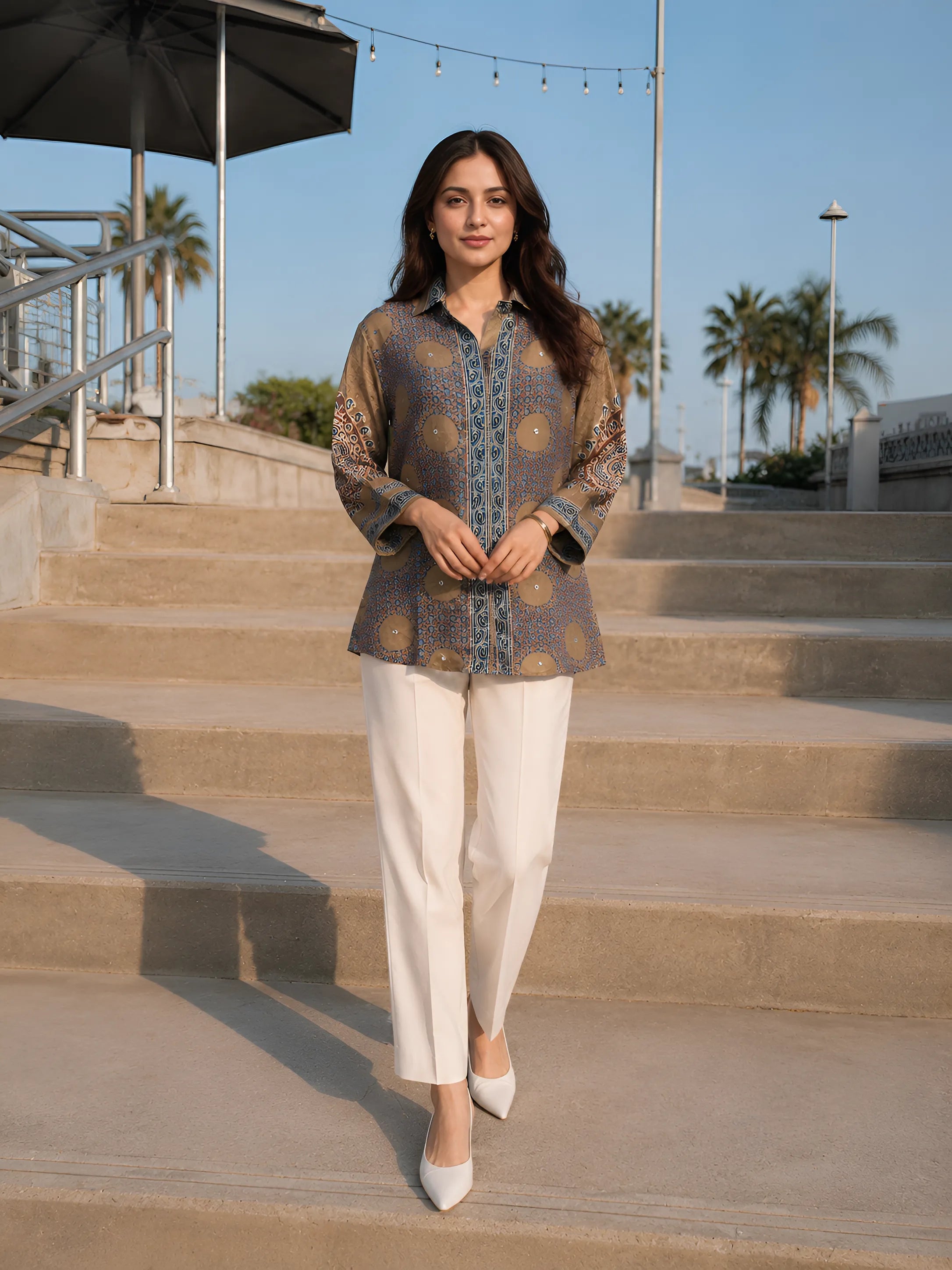 Dusty Olive and Brown Ajrakh Printed Shirt in Crepe