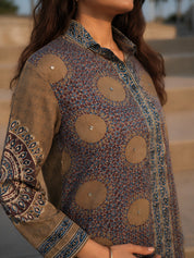 Dusty Olive and Brown Ajrakh Printed Shirt in Crepe
