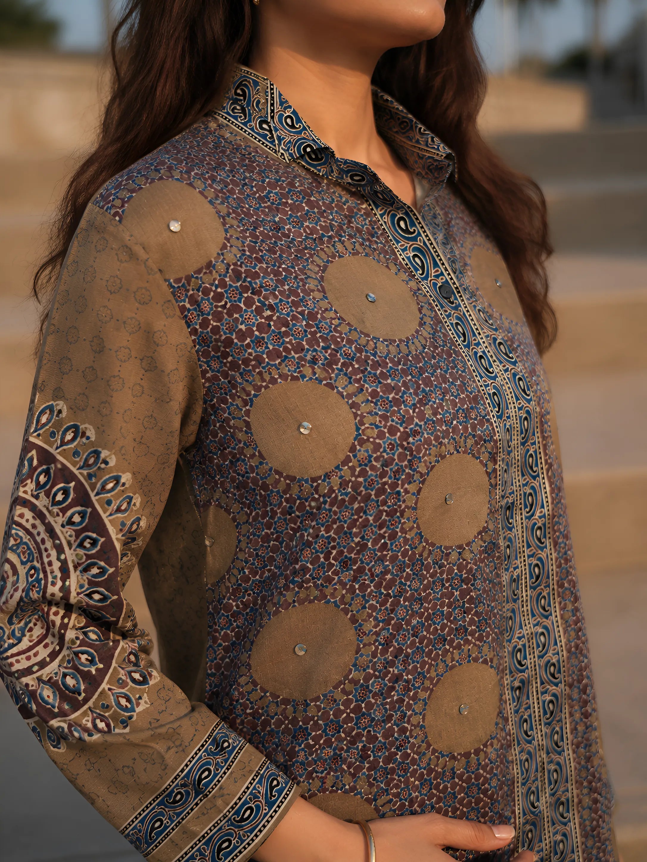 Dusty Olive and Brown Ajrakh Printed Shirt in Crepe