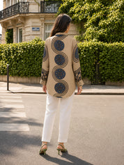 Beige Mixed Print Shirt with Horse Tassel Placket in Crepe